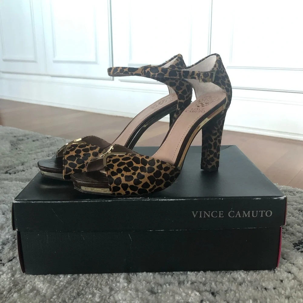 Vince Camuto Leopard Print Ankle Strap High Heels